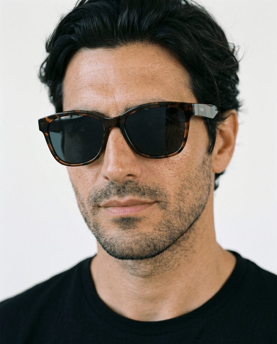 Delta 9 oversized round sunglasses in Black / Tortoise, black lens on tortoise frame, worn by a man, front view