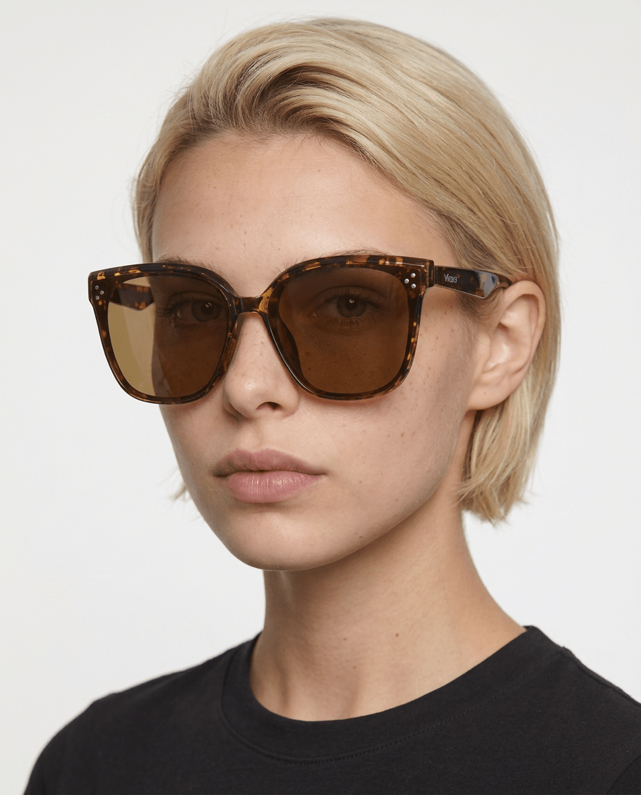 Vesper oversized square sunglasses in Tea / Tortoise, tea lens on tortoise frame, worn by a woman, front view