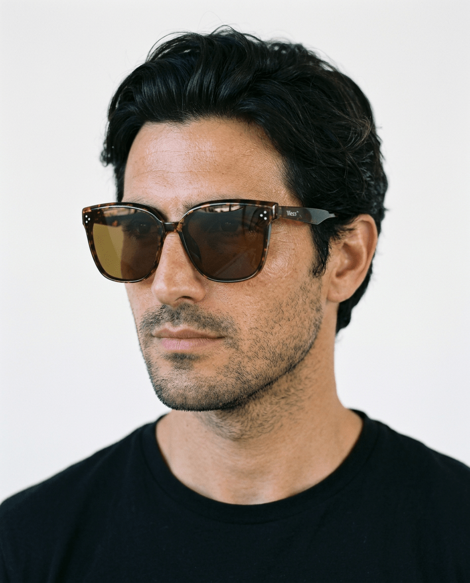 Vesper oversized square sunglasses in Tea / Tortoise, tea lens on tortoise frame, worn by a man, front view