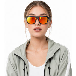 Juno side-shield wrap sunglasses in Orange / Black, orange lens on black frame, worn, front view