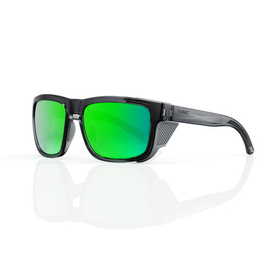 Juno side-shield wrap sunglasses in Green / Black, green lens on black frame, three-quarter view