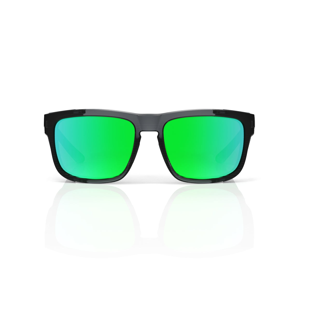 Juno side-shield wrap sunglasses in Green / Black, green lens on black frame, front view