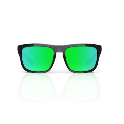 Juno side-shield wrap sunglasses in Green / Black, green lens on black frame, front view