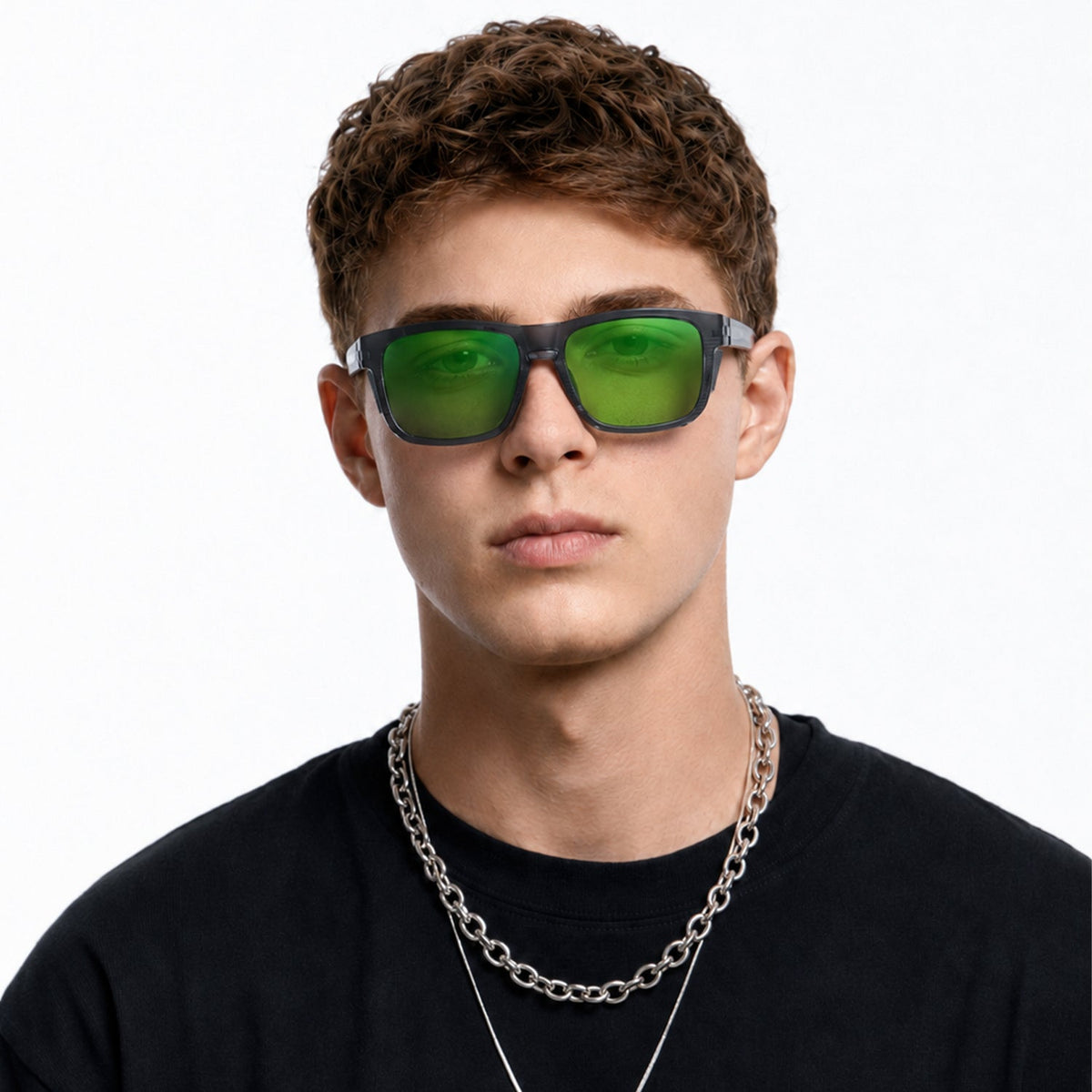 Juno side-shield wrap sunglasses in Green / Black, green lens on black frame, worn, front view