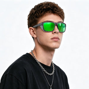 Juno side-shield wrap sunglasses in Green / Black, green lens on black frame, worn, side view