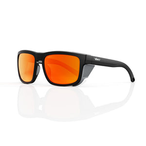 Juno side-shield wrap sunglasses in Orange / Black, orange lens on black frame, three-quarter view