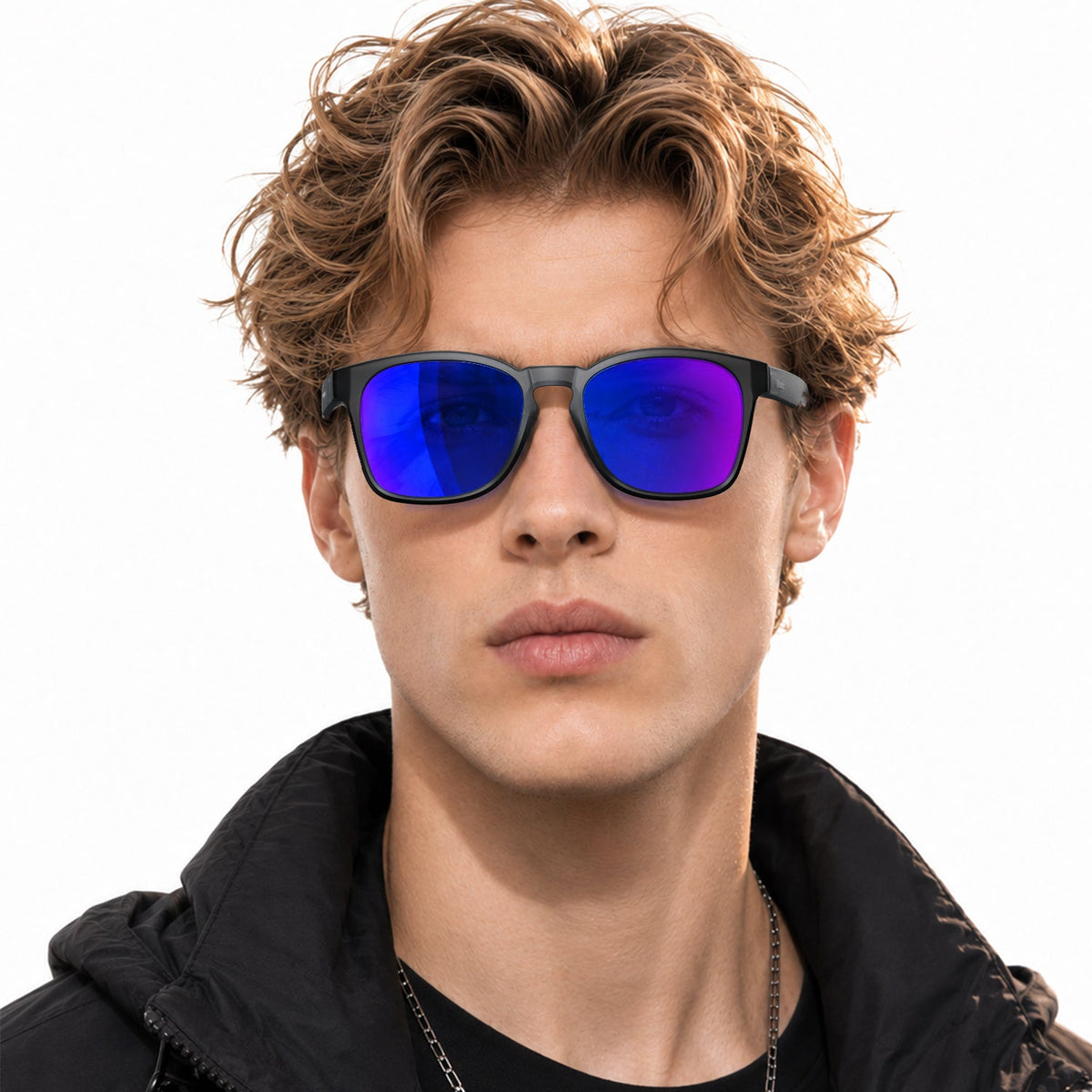 Loft square sunglasses in Purple / Black, purple lens on black frame, worn by a man, front view
