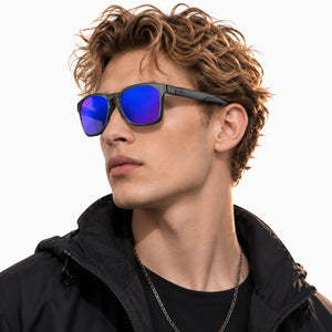 Loft square sunglasses in Purple / Black, purple lens on black frame, worn by a man, side view