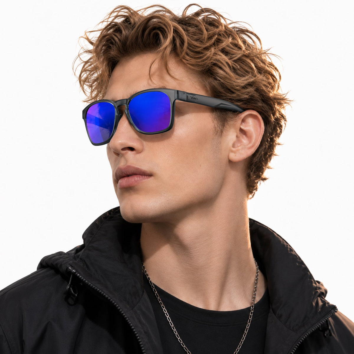 Loft square sunglasses in Purple / Black, purple lens on black frame, worn by a man, side view