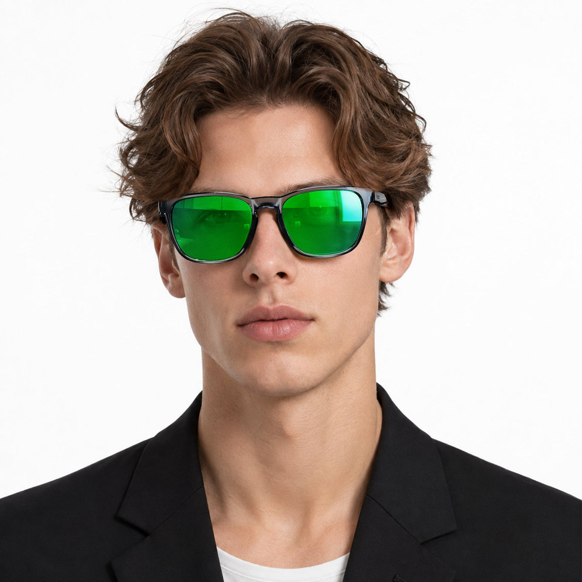 Marlow square sunglasses in Green / Smoke Grey, green lens on smoke grey frame, worn by a man, front view