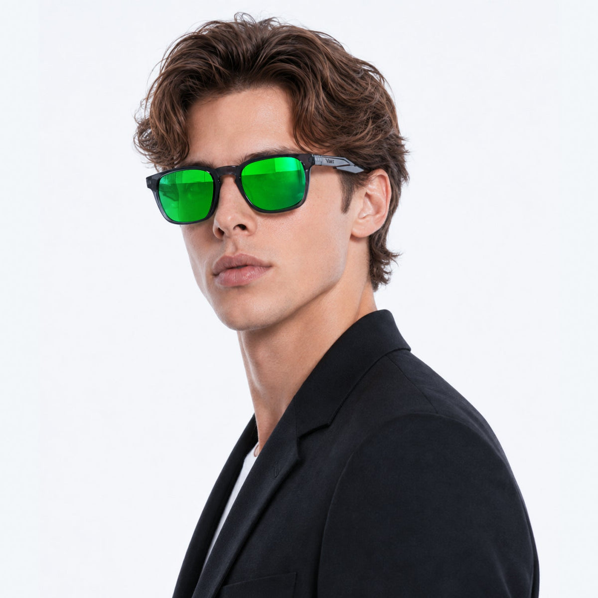 Marlow square sunglasses in Green / Smoke Grey, green lens on smoke grey frame, worn by a man, side view