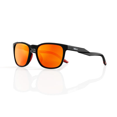 Marlow square sunglasses in Orange / Black, orange lens on black frame, three-quarter view