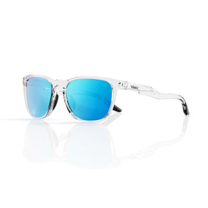 Marlow square sunglasses in Blue / Clear, blue lens on clear frame, three-quarter view