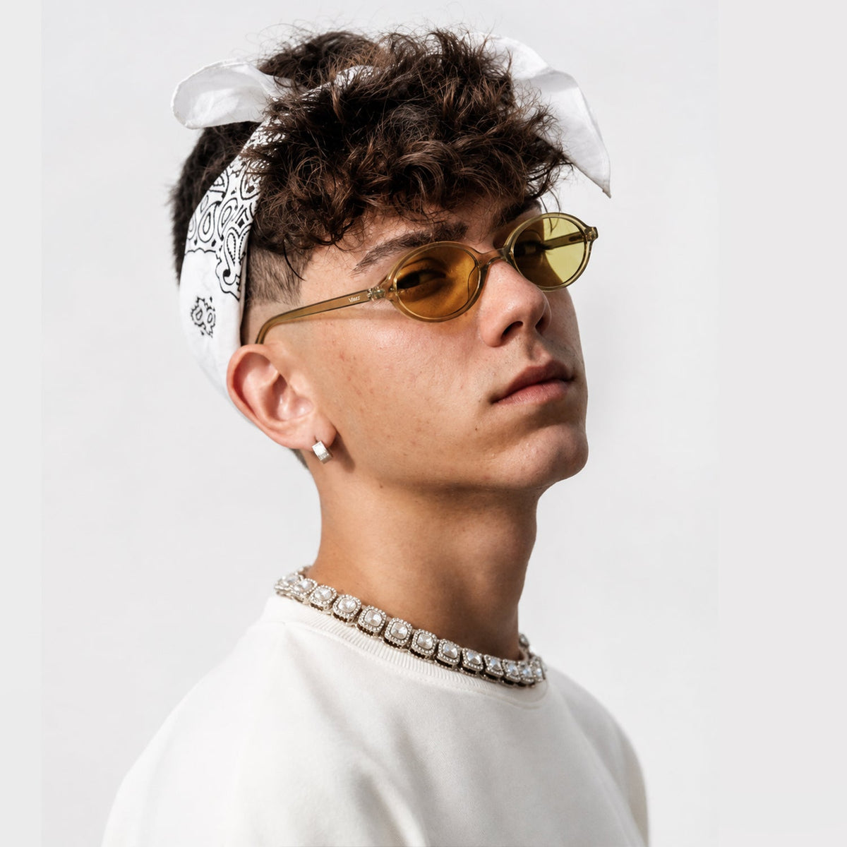 Mojave slim oval metal sunglasses in Gold / Gold, gold lens on gold frame, side view