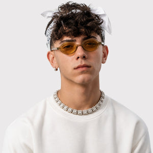 Mojave slim oval metal sunglasses in Gold / Gold, gold lens on gold frame, front view