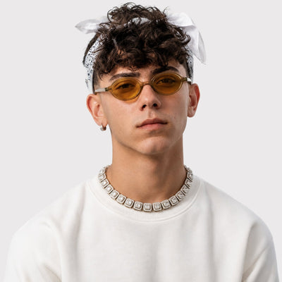 Mojave slim oval metal sunglasses in Gold / Gold, gold lens on gold frame, front view