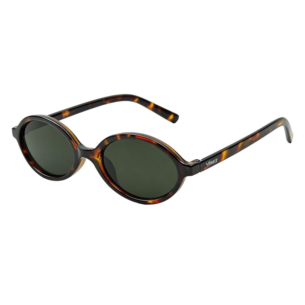 Mojave slim oval metal sunglasses in Green / Tortoise, green lens on tortoise frame, three-quarter view