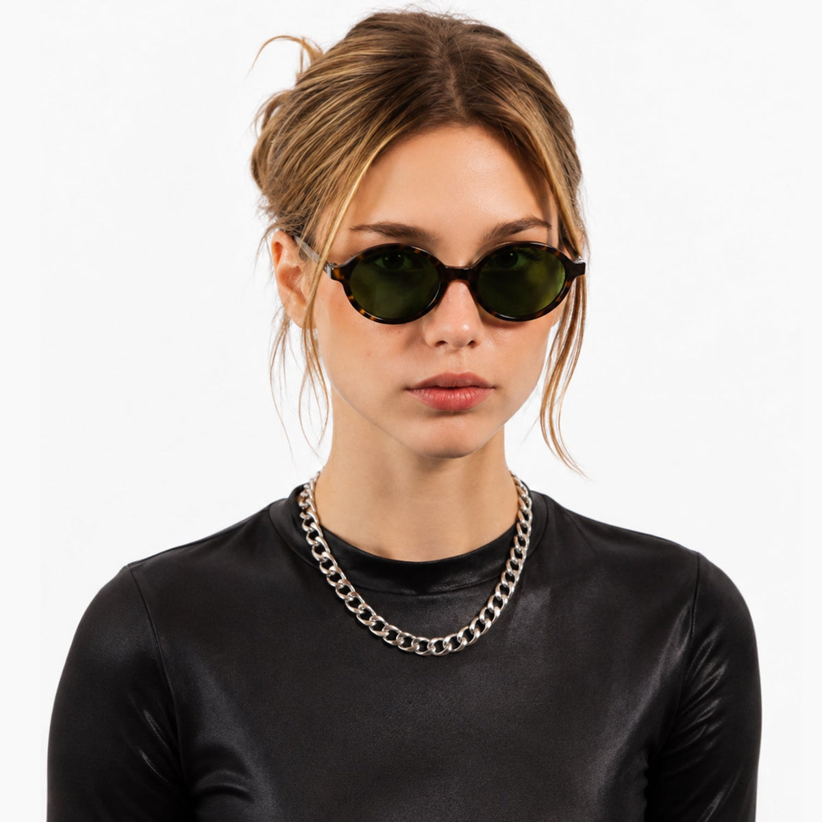 Mojave slim oval metal sunglasses in Green / Tortoise, green lens on tortoise frame, front view