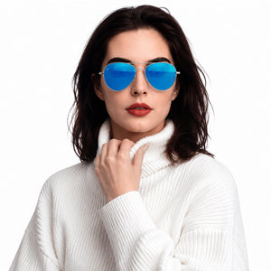 Nexus metal aviator sunglasses in Blue / Silver, blue lens on silver frame, worn, front view