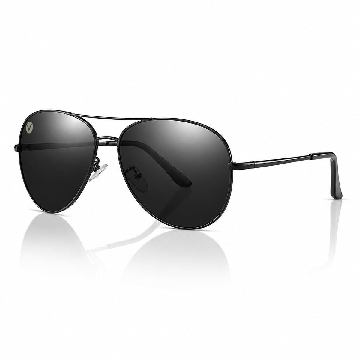 Nexus metal aviator sunglasses in Grey / Black, grey lens on black frame, three-quarter view