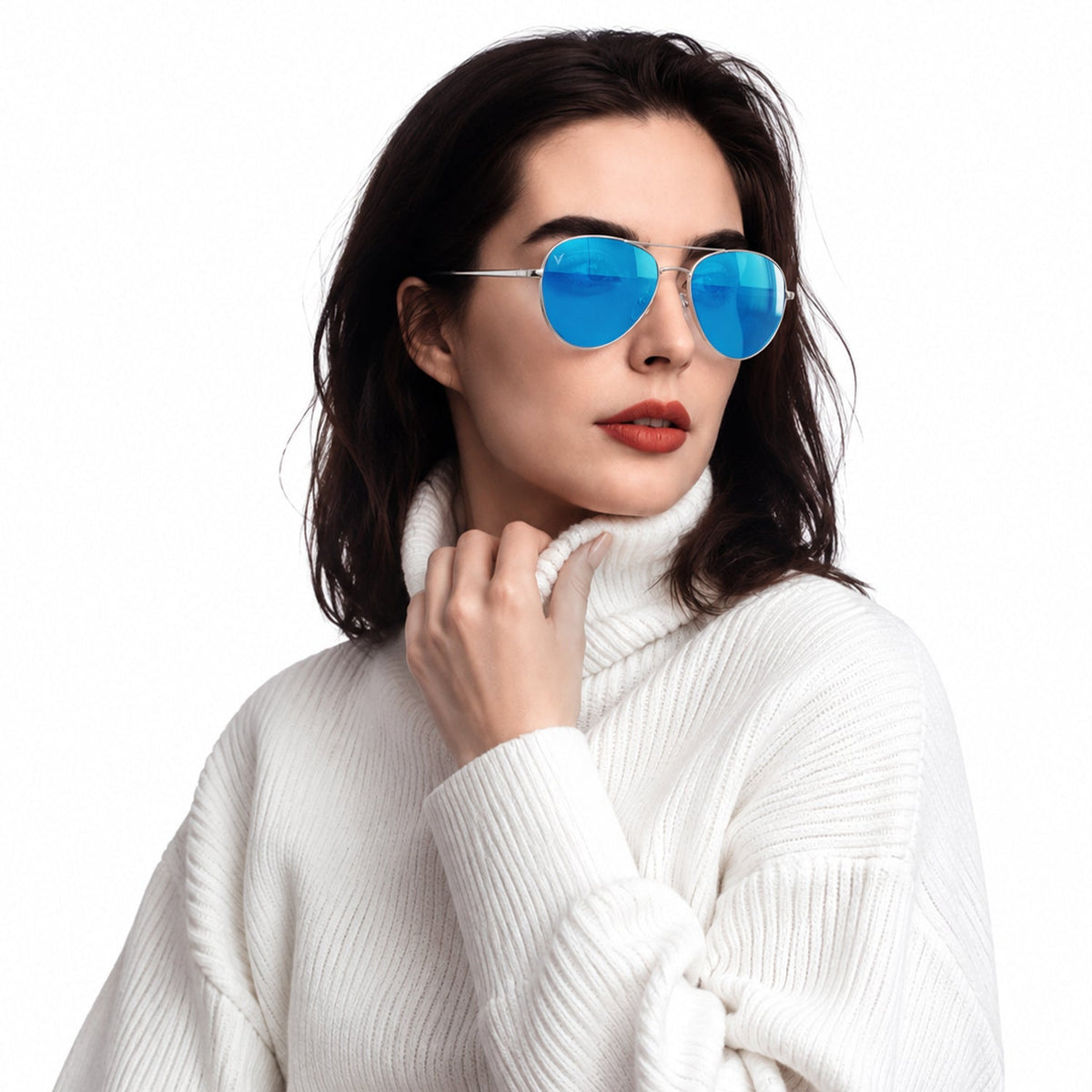 Nexus metal aviator sunglasses in Blue / Silver, blue lens on silver frame, worn, side view