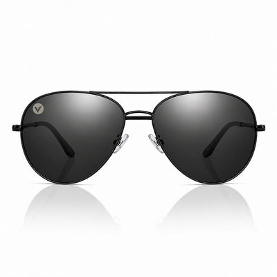 Nexus metal aviator sunglasses in Grey / Black, grey lens on black frame, front view