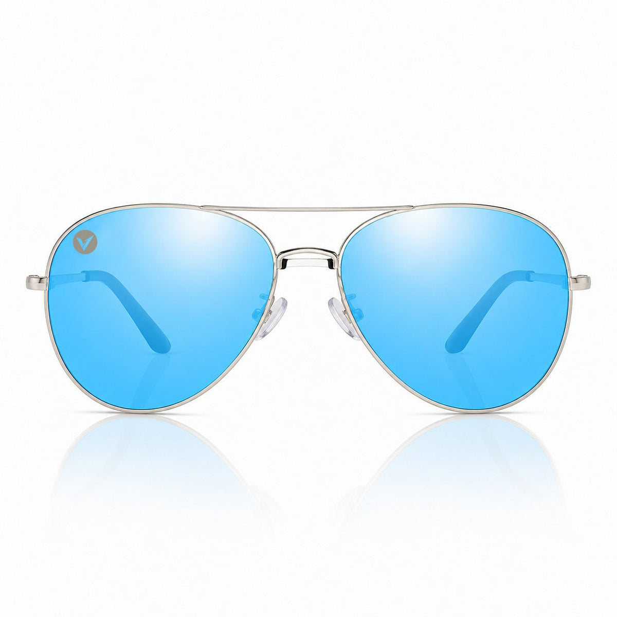 Nexus metal aviator sunglasses in Blue / Silver, blue lens on silver frame, front view
