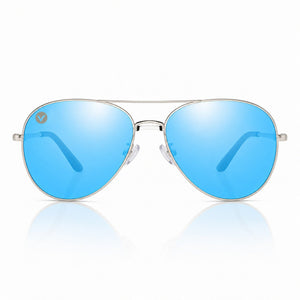 Nexus metal aviator sunglasses in Blue / Silver, blue lens on silver frame, front view