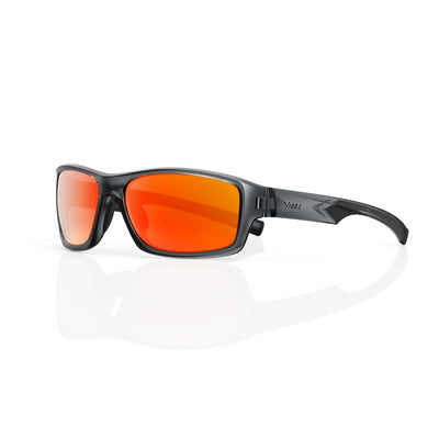 Nova sport wrap sunglasses in Orange / Smoke Grey, orange lens on smoke grey frame, three-quarter view
