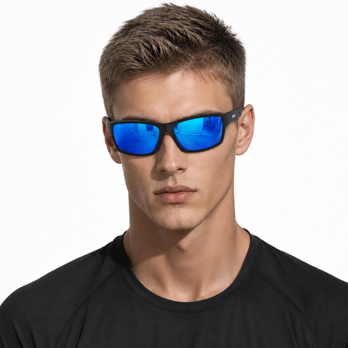 Nova sport wrap sunglasses in Blue / Black, blue lens on black frame, worn by a man, front view