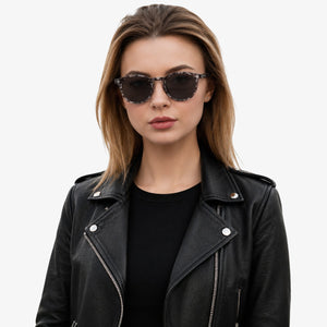 Onyx round retro sunglasses in Black / White Tortoise, black lens on white tortoise frame, front view