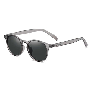 Onyx round retro sunglasses in Black / Clear Grey, black lens on clear grey frame, three-quarter view