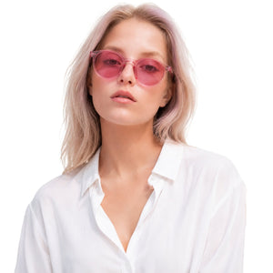 Onyx round retro sunglasses in Pink / Clear Pink, pink lens on clear pink frame, front view