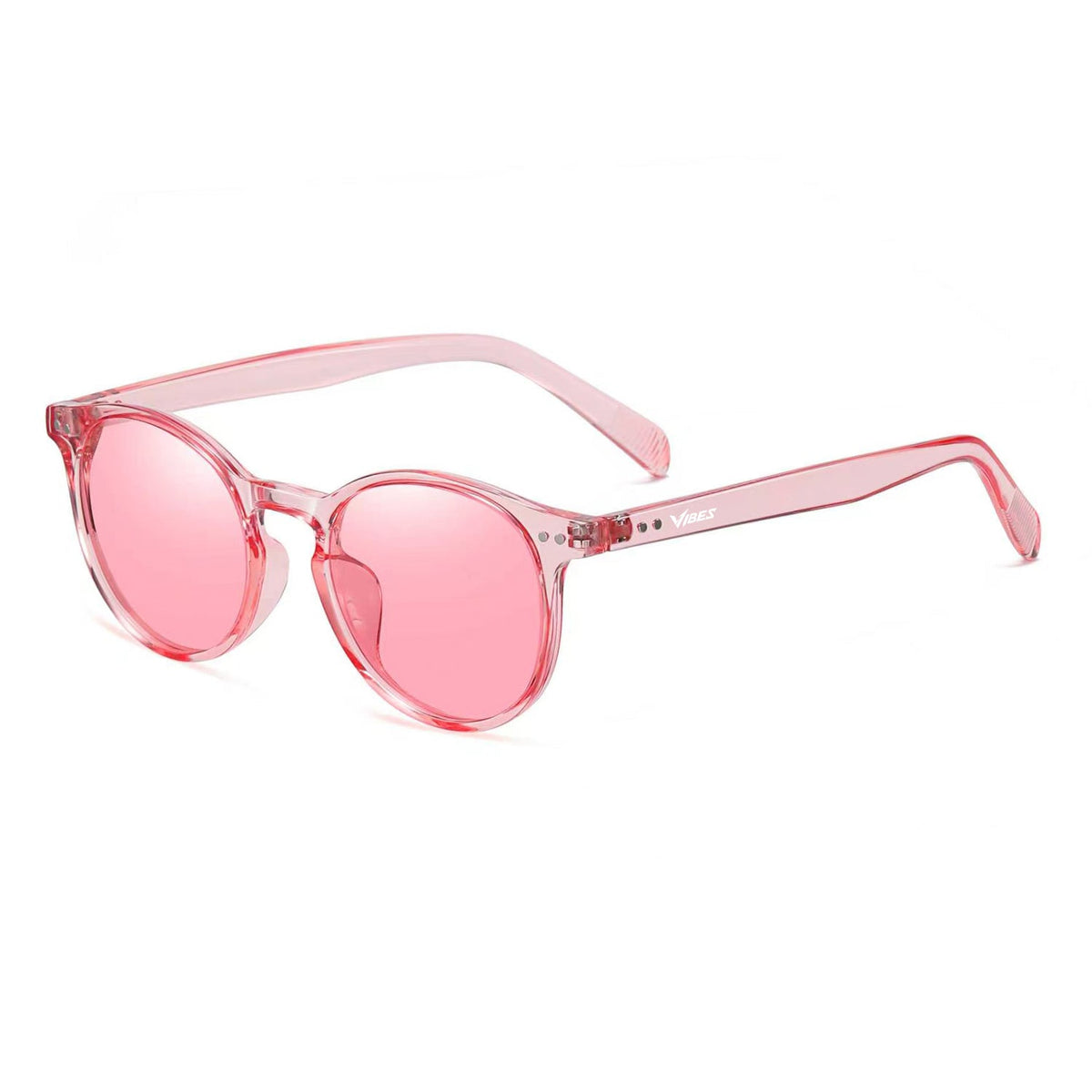 Onyx round retro sunglasses in Pink / Clear Pink, pink lens on clear pink frame, three-quarter view