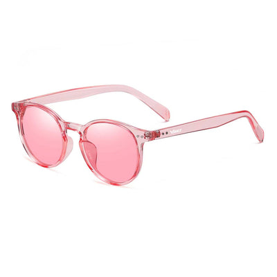 Onyx round retro sunglasses in Pink / Clear Pink, pink lens on clear pink frame, three-quarter view