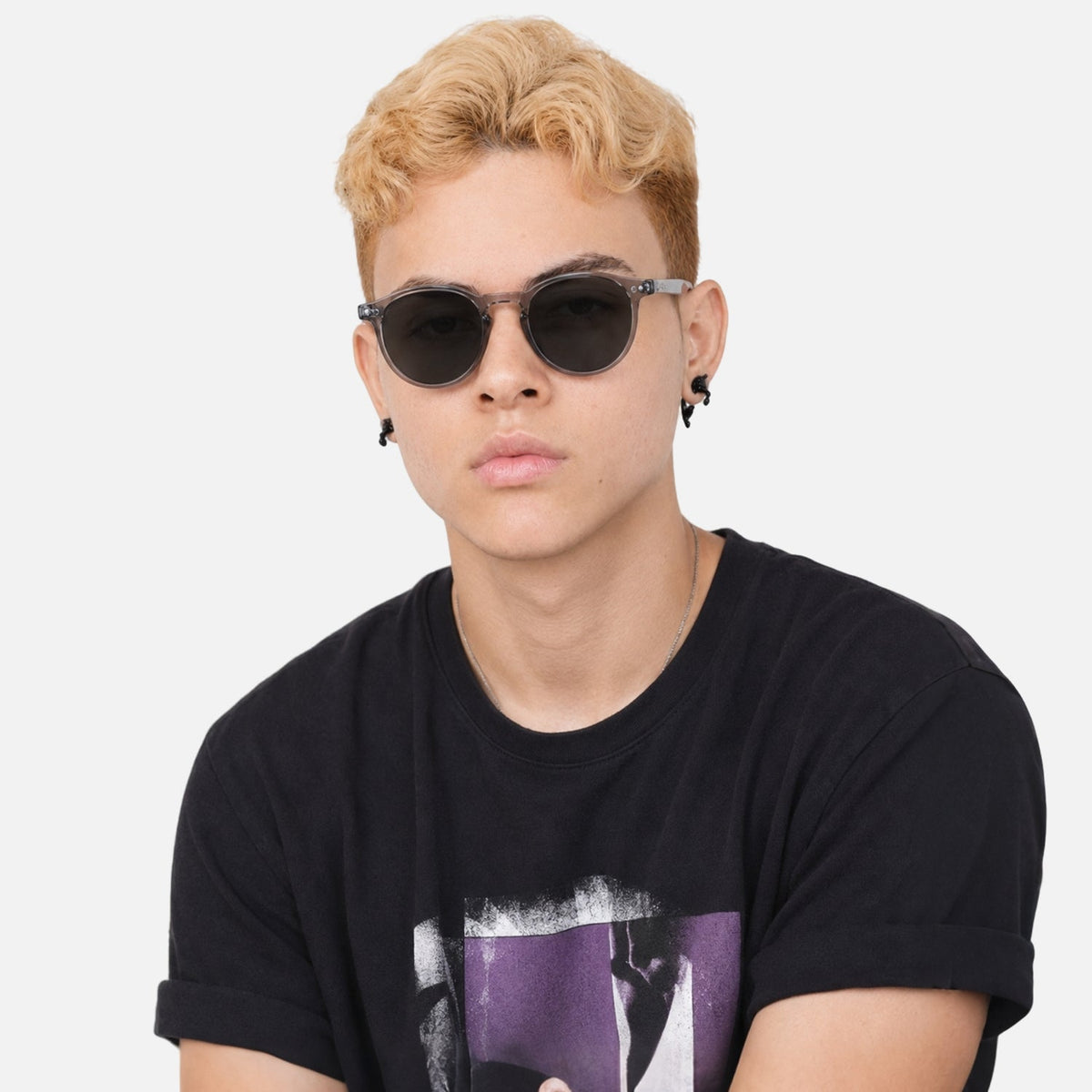 Onyx round retro sunglasses in Black / Clear Grey, black lens on clear grey frame, front view