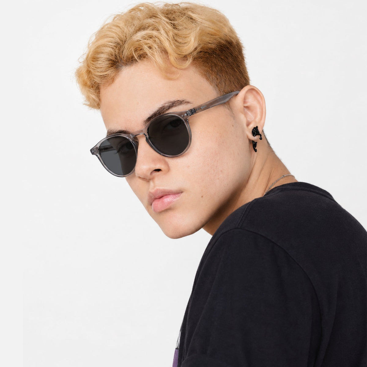 Onyx round retro sunglasses in Black / Clear Grey, black lens on clear grey frame, side view