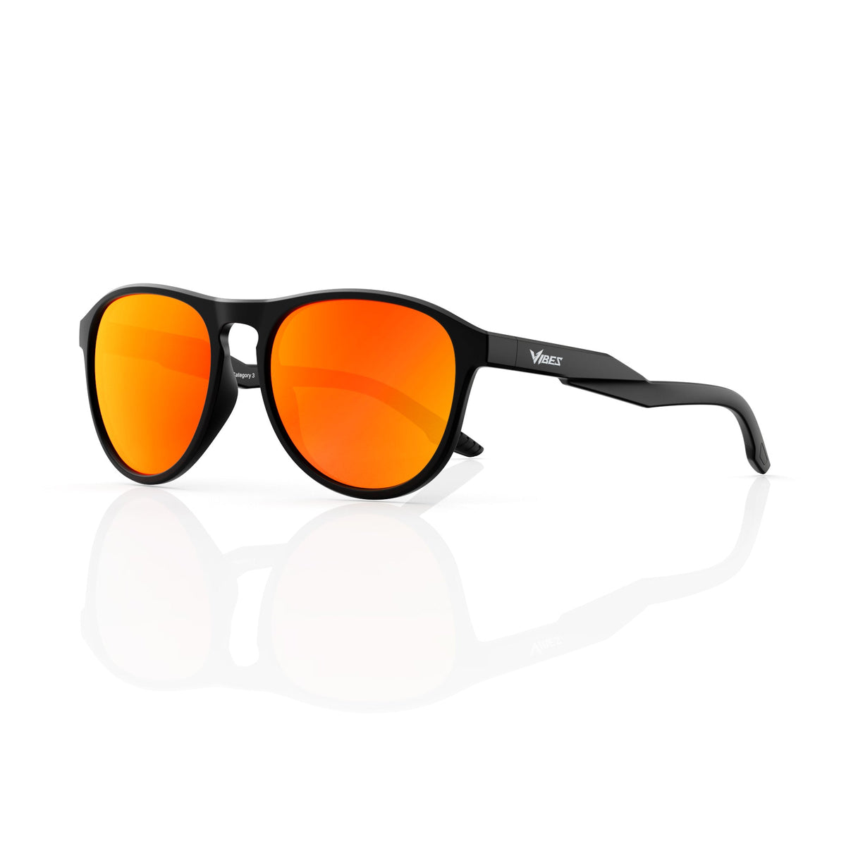 Orbit rounded aviator sunglasses in Orange / Black, orange lens on black frame, three-quarter view