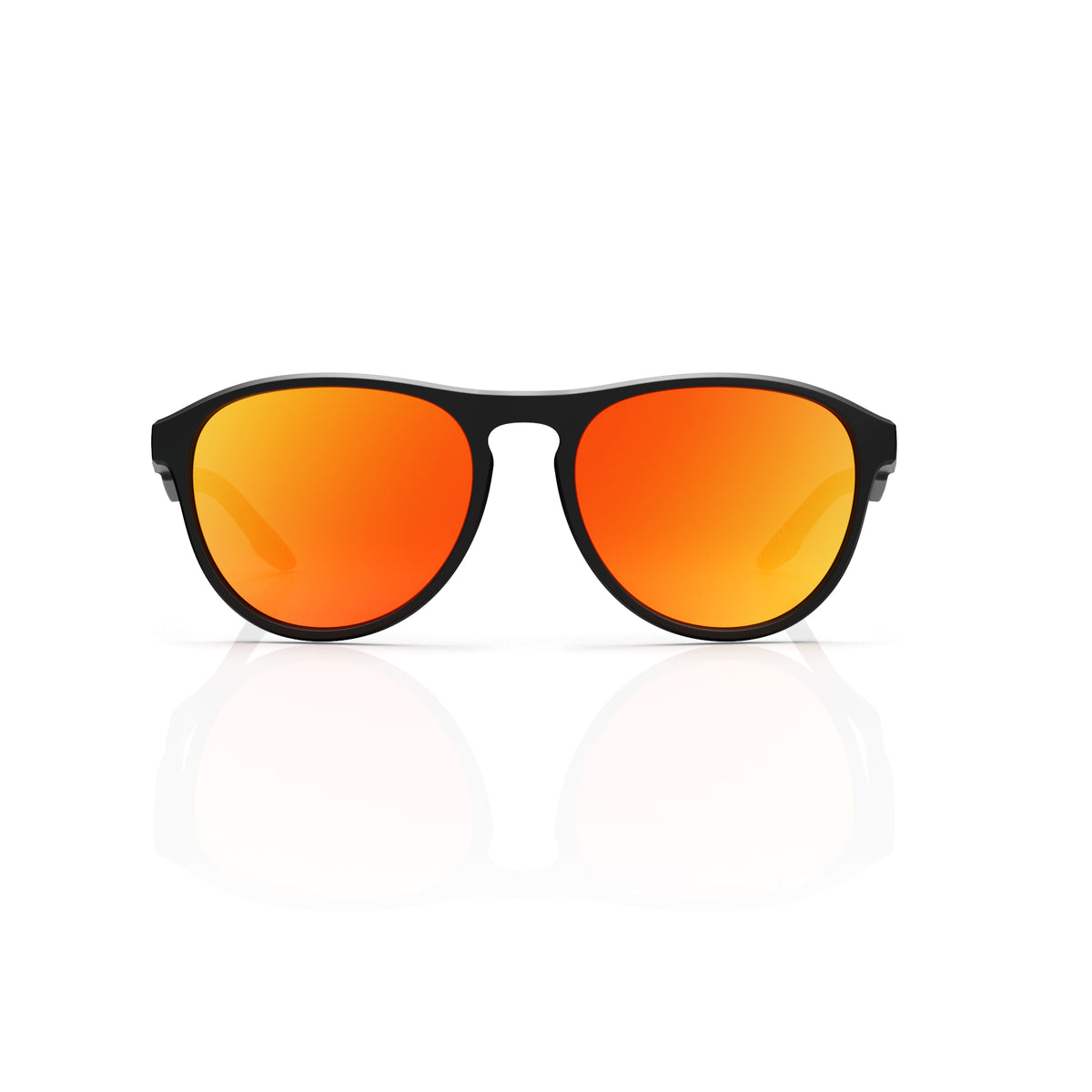 Orbit rounded aviator sunglasses in Orange / Black, orange lens on black frame, front view