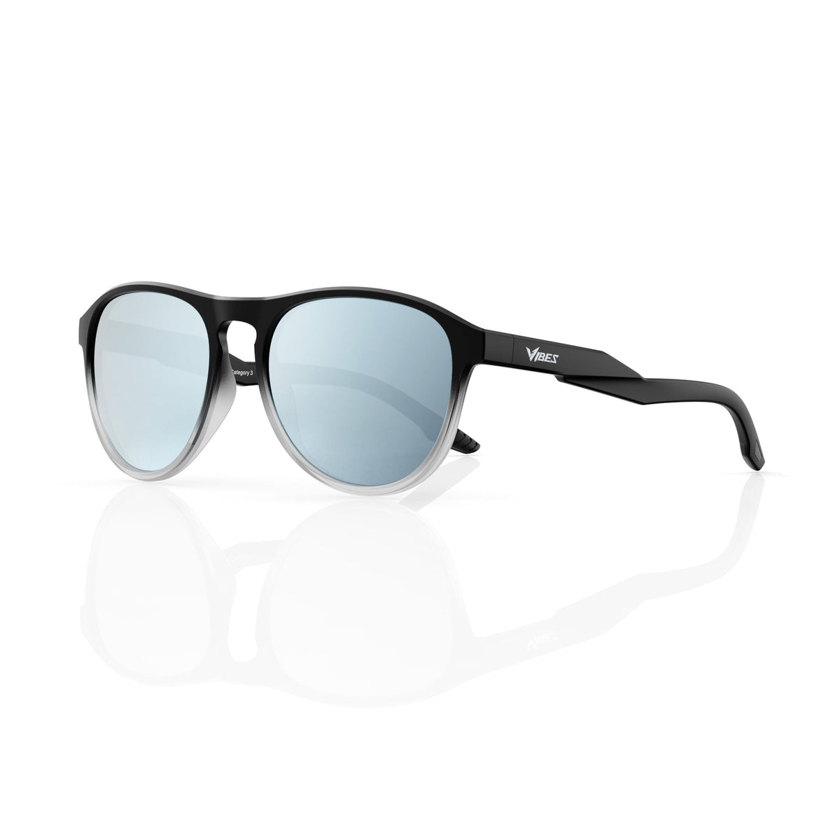 Orbit rounded aviator sunglasses in Silver / Black, silver lens on black frame, three-quarter view