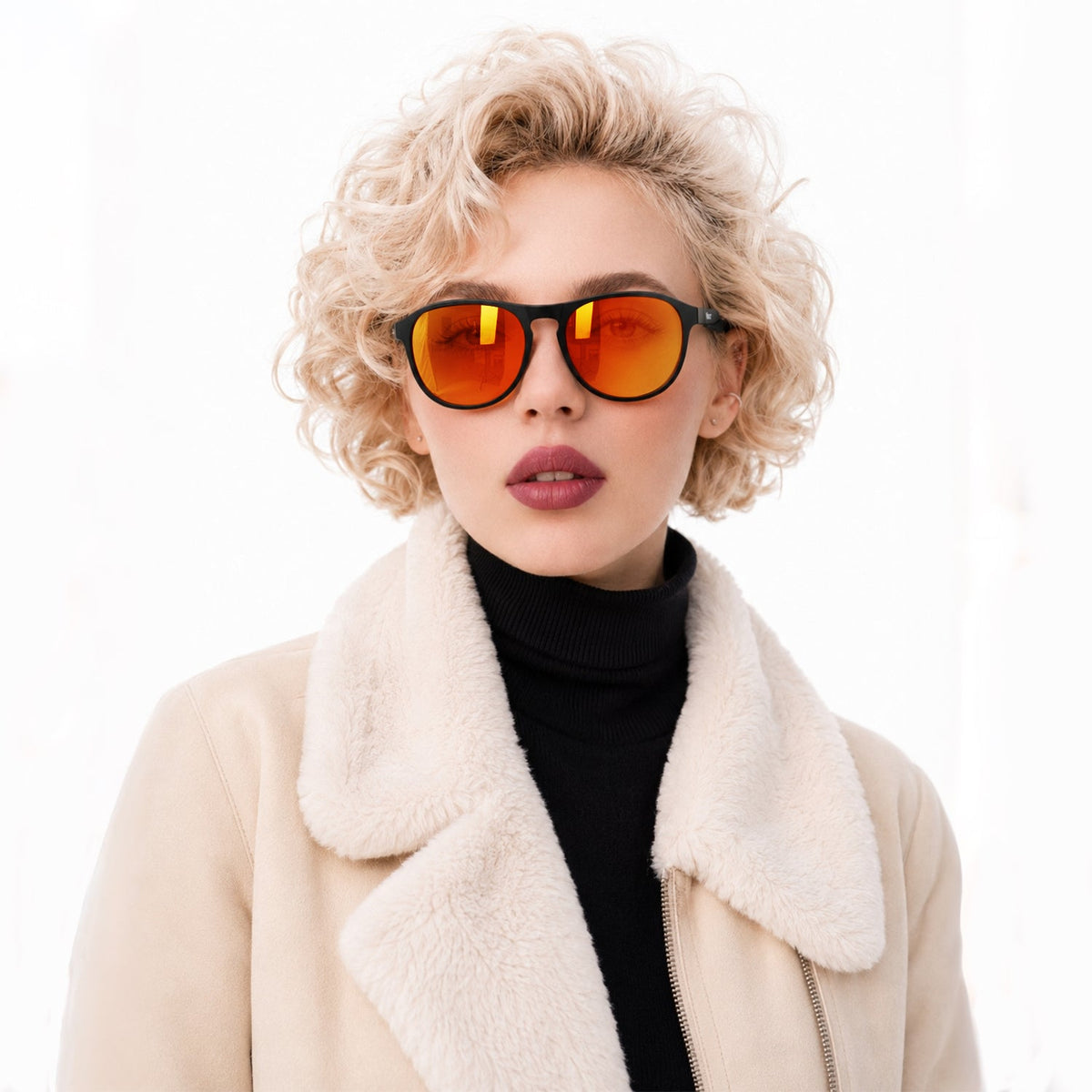 Orbit rounded aviator sunglasses in Orange / Black, orange lens on black frame, worn, front view