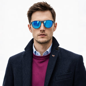 Orbit rounded aviator sunglasses in Blue / Blue, blue lens on blue frame, worn, front view
