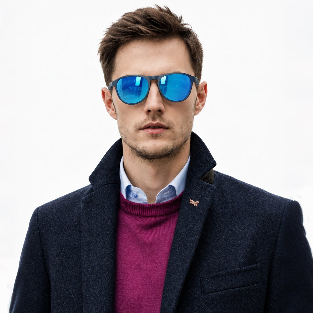 Orbit rounded aviator sunglasses in Blue / Blue, blue lens on blue frame, worn, front view