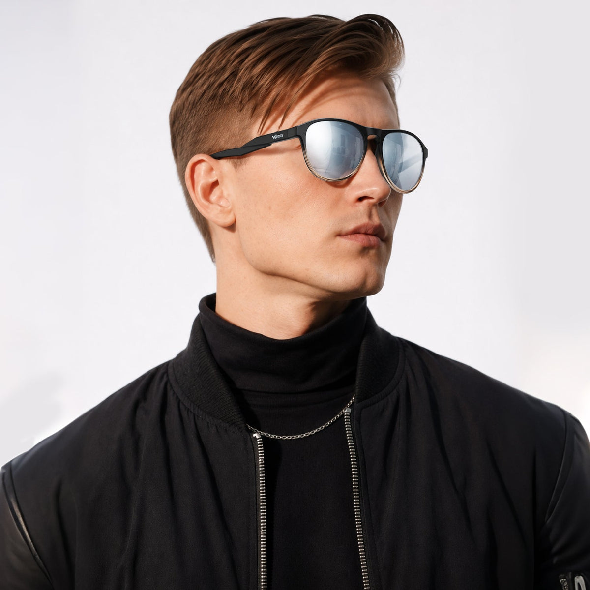 Orbit rounded aviator sunglasses in Silver / Black, silver lens on black frame, worn, side view