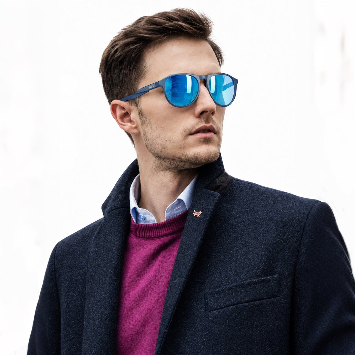 Orbit rounded aviator sunglasses in Blue / Blue, blue lens on blue frame, worn, side view