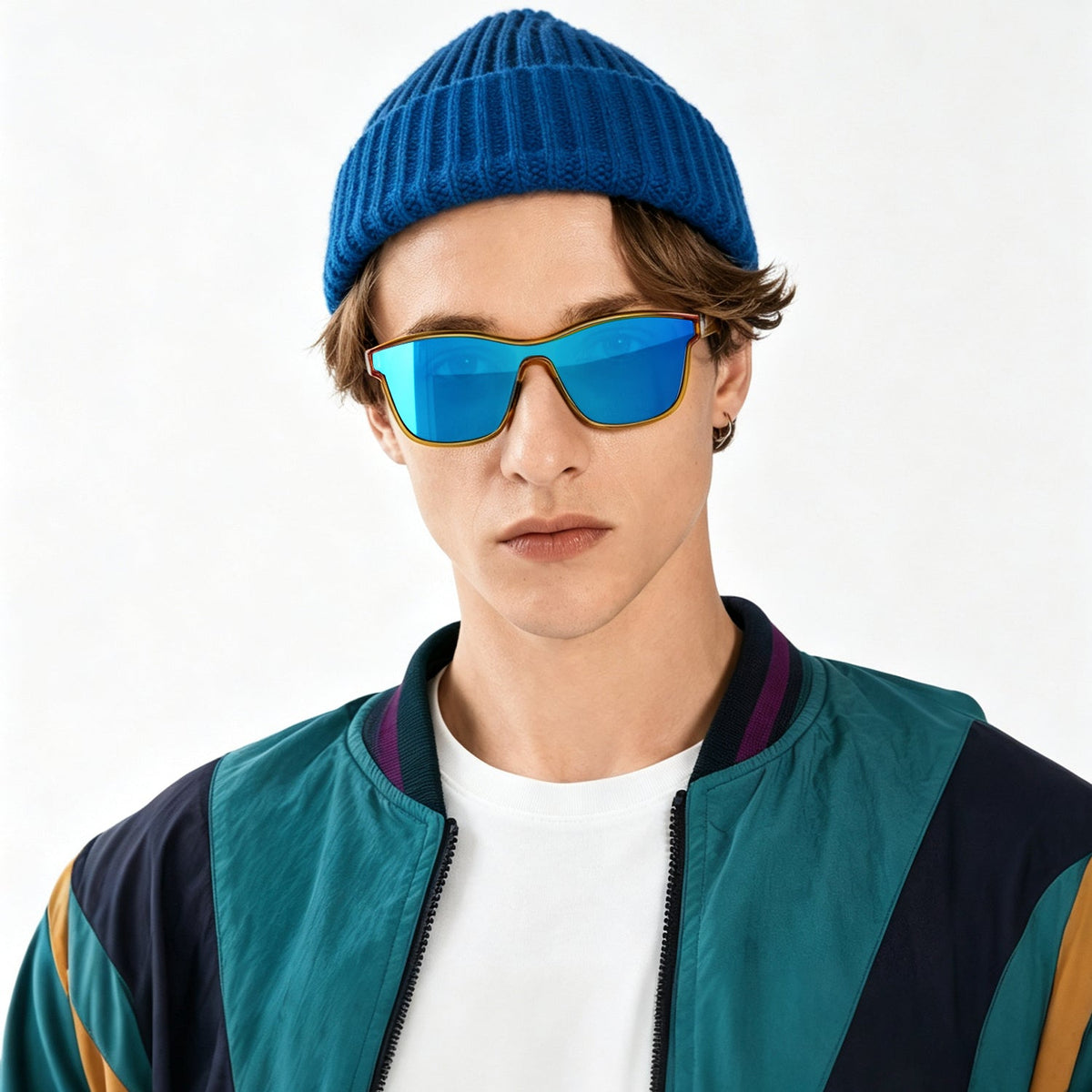 Radar performance wrap sunglasses in Blue / Yellow, blue lens on yellow frame, worn, front view