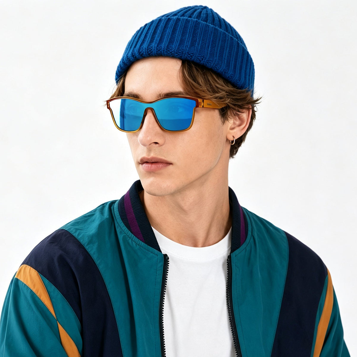Radar performance wrap sunglasses in Blue / Yellow, blue lens on yellow frame, worn, side view