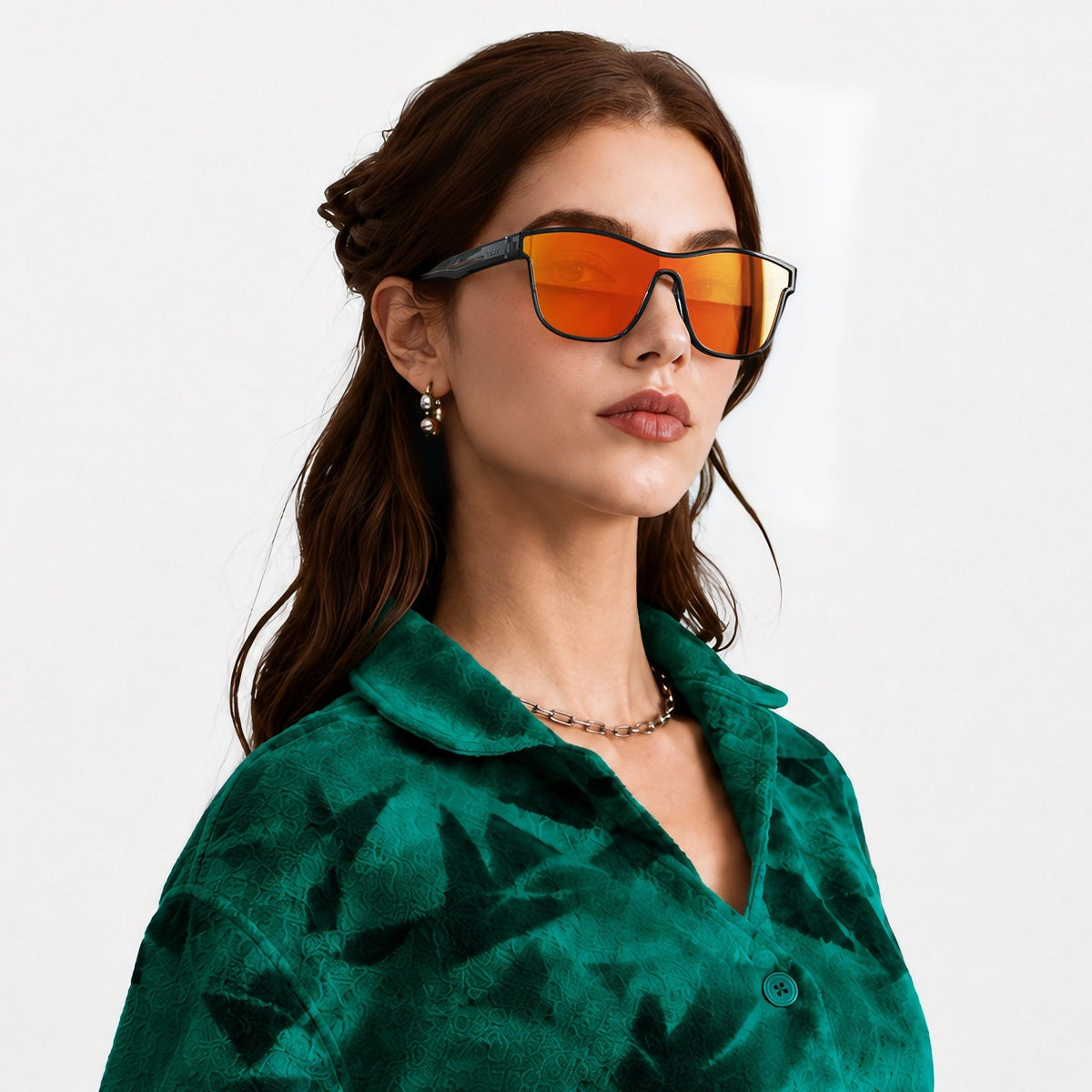 Radar performance wrap sunglasses in Red / Black, red lens on black frame, worn, side view
