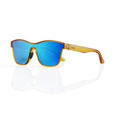 Radar performance wrap sunglasses in Blue / Yellow, blue lens on yellow frame, three-quarter view