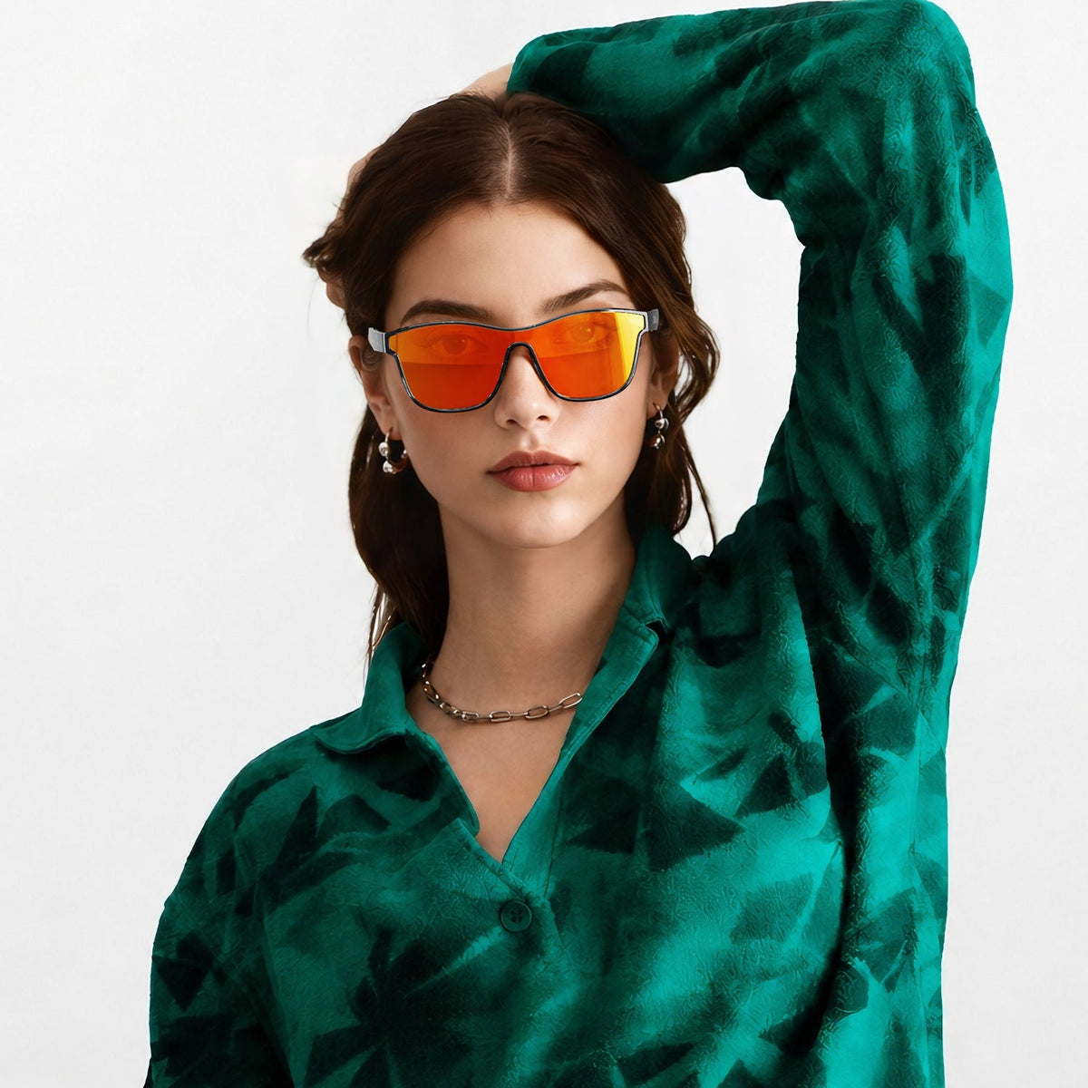 Radar performance wrap sunglasses in Red / Black, red lens on black frame, worn, front view